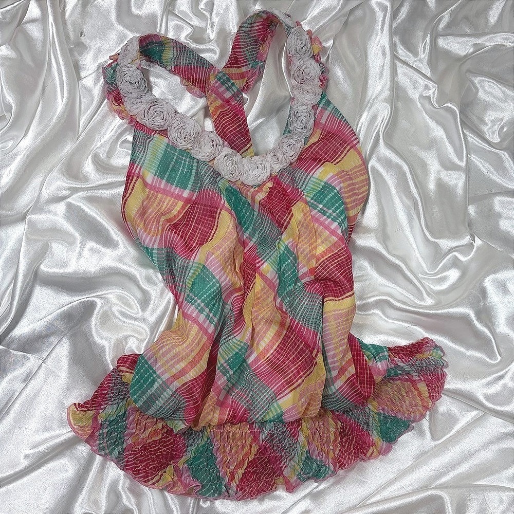y2k Halter Top Pink Plaid Excellent XOXO Rosette Neck Smocked Blouse